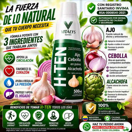 H-TEN La fórmula natural con ajo, cebolla y alcachofa que apoya tu bienestar cardiovascular, la circulación y tu rutina de cuidado diario.