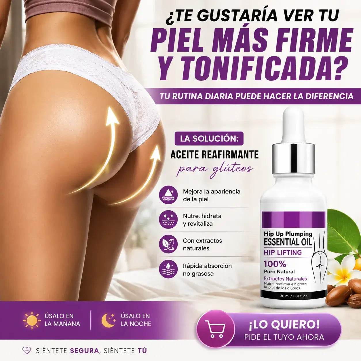 ACEITE REAFIRMANTE DE GLUTEOS con extractos naturales que nutre, hidrata y ayuda a mejorar la apariencia de la piel.
