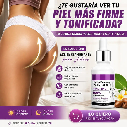 ACEITE REAFIRMANTE DE GLUTEOS con extractos naturales que nutre, hidrata y ayuda a mejorar la apariencia de la piel.