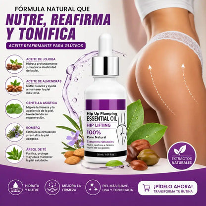 ACEITE REAFIRMANTE DE GLUTEOS con extractos naturales que nutre, hidrata y ayuda a mejorar la apariencia de la piel.