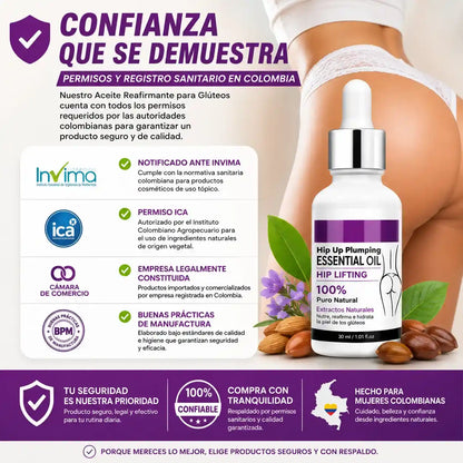 ACEITE REAFIRMANTE DE GLUTEOS con extractos naturales que nutre, hidrata y ayuda a mejorar la apariencia de la piel.