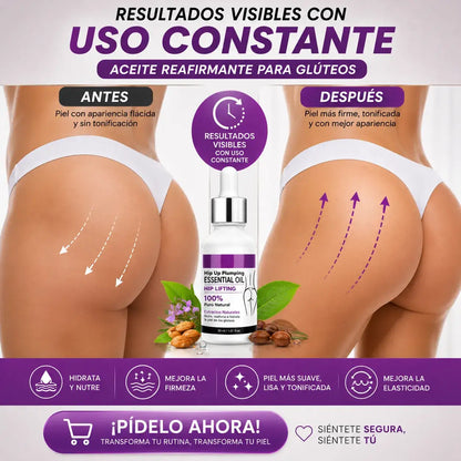 ACEITE REAFIRMANTE DE GLUTEOS con extractos naturales que nutre, hidrata y ayuda a mejorar la apariencia de la piel.