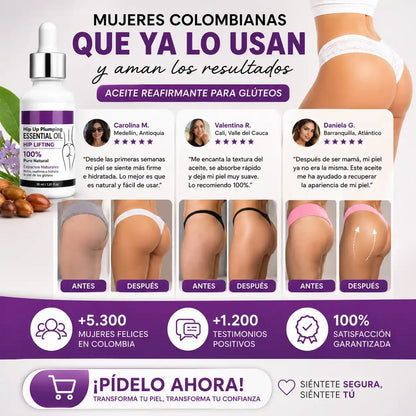 ACEITE REAFIRMANTE DE GLUTEOS con extractos naturales que nutre, hidrata y ayuda a mejorar la apariencia de la piel.