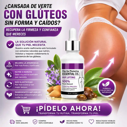 ACEITE REAFIRMANTE DE GLUTEOS con extractos naturales que nutre, hidrata y ayuda a mejorar la apariencia de la piel.