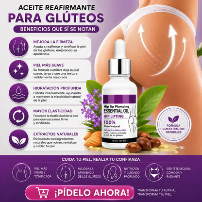 ACEITE REAFIRMANTE DE GLUTEOS con extractos naturales que nutre, hidrata y ayuda a mejorar la apariencia de la piel.