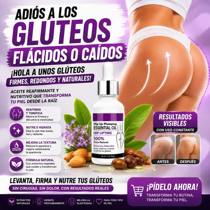 ACEITE REAFIRMANTE DE GLUTEOS con extractos naturales que nutre, hidrata y ayuda a mejorar la apariencia de la piel.