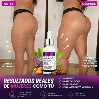 ACEITE REAFIRMANTE DE GLUTEOS con extractos naturales que nutre, hidrata y ayuda a mejorar la apariencia de la piel.