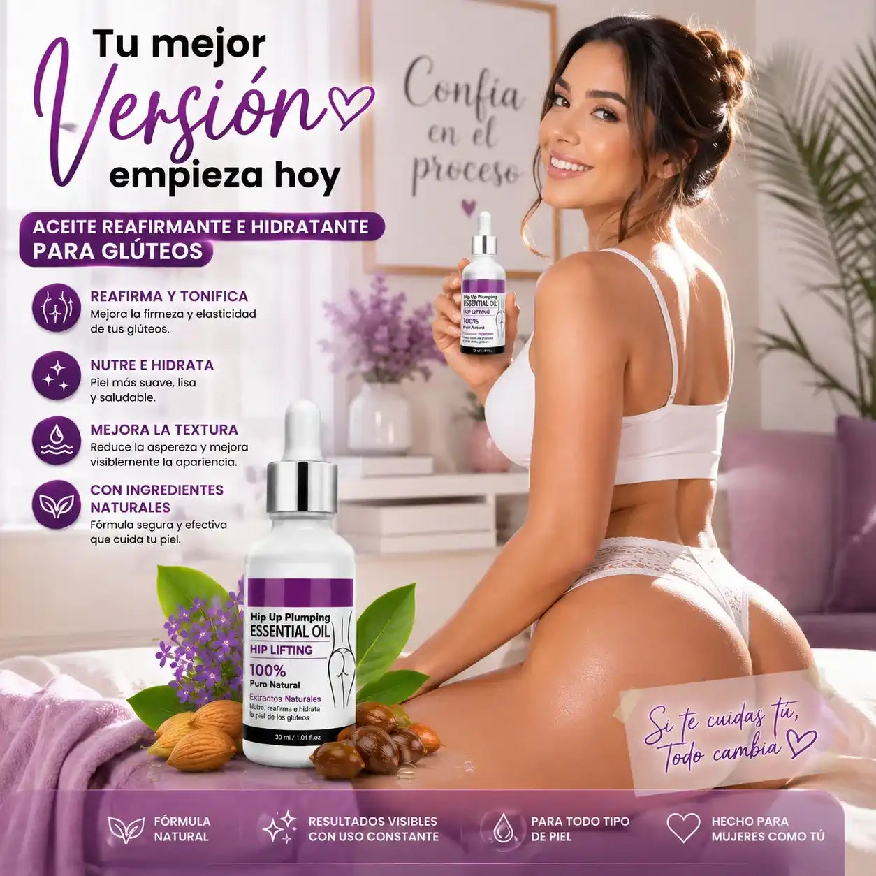 ACEITE REAFIRMANTE DE GLUTEOS con extractos naturales que nutre, hidrata y ayuda a mejorar la apariencia de la piel.
