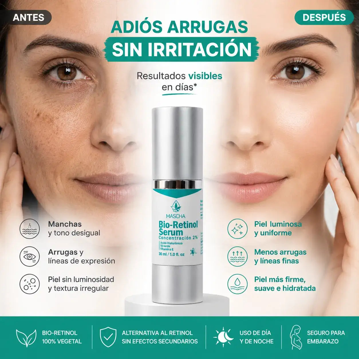 MASCHA Serum Anti-edad con Bioretinol - Reduce Arrugas y Manchas Sin Irritar Tu Piel