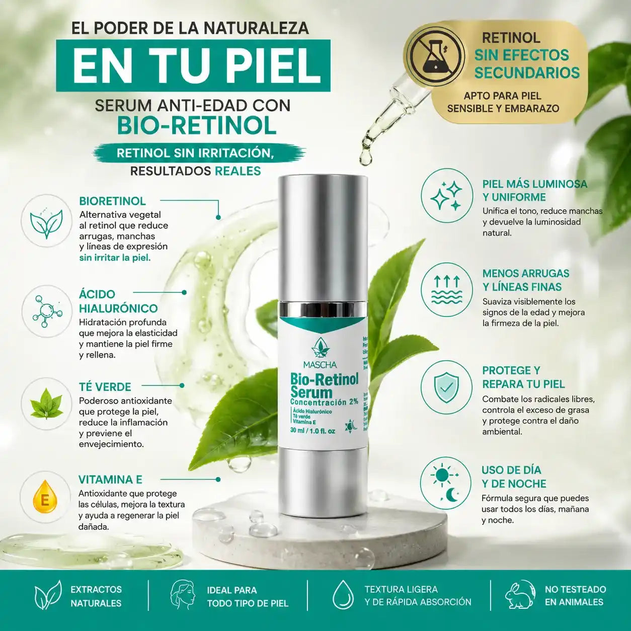 MASCHA Serum Anti-edad con Bioretinol - Reduce Arrugas y Manchas Sin Irritar Tu Piel