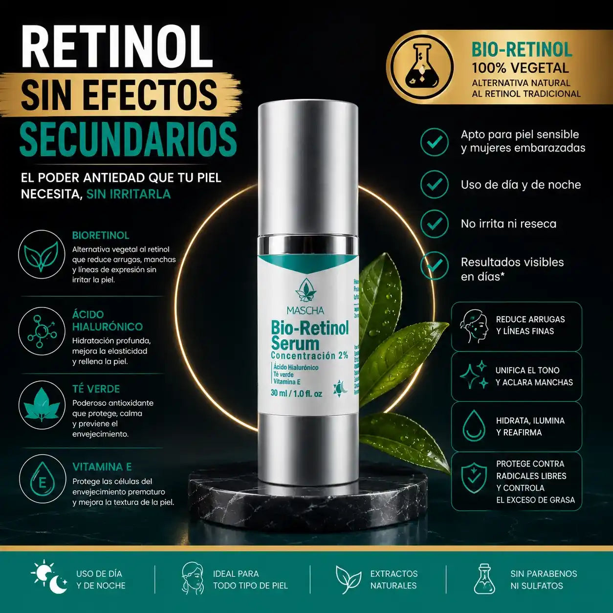 MASCHA Serum Anti-edad con Bioretinol - Reduce Arrugas y Manchas Sin Irritar Tu Piel