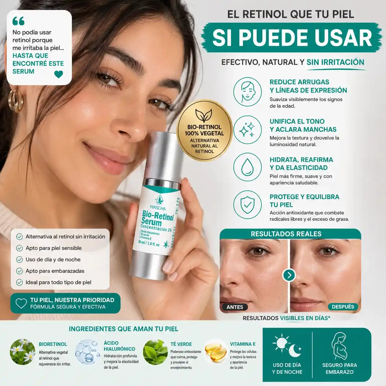MASCHA Serum Anti-edad con Bioretinol - Reduce Arrugas y Manchas Sin Irritar Tu Piel