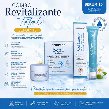Combo Revitalizante Total-SERUM 10 Ojeras, piel cansada y reseca? Recupera una apariencia fresca y descansada.”