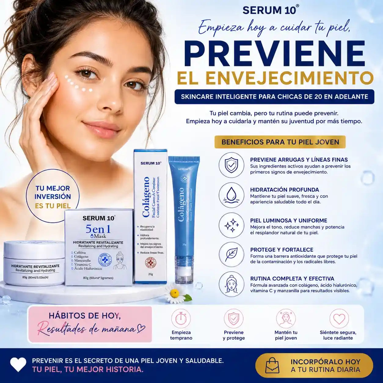 Combo Revitalizante Total-SERUM 10 Ojeras, piel cansada y reseca? Recupera una apariencia fresca y descansada.”