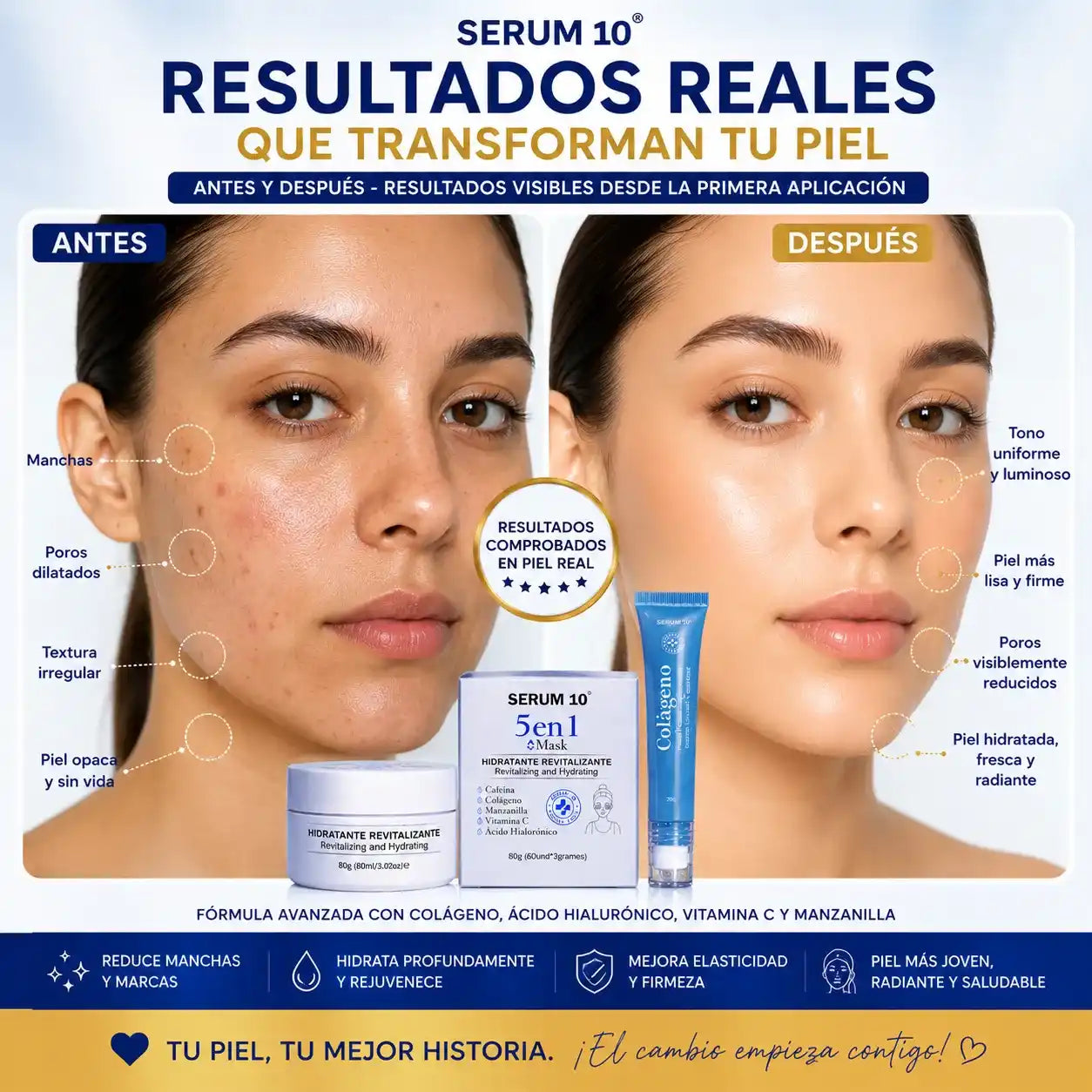 Combo Revitalizante Total-SERUM 10 Ojeras, piel cansada y reseca? Recupera una apariencia fresca y descansada.”