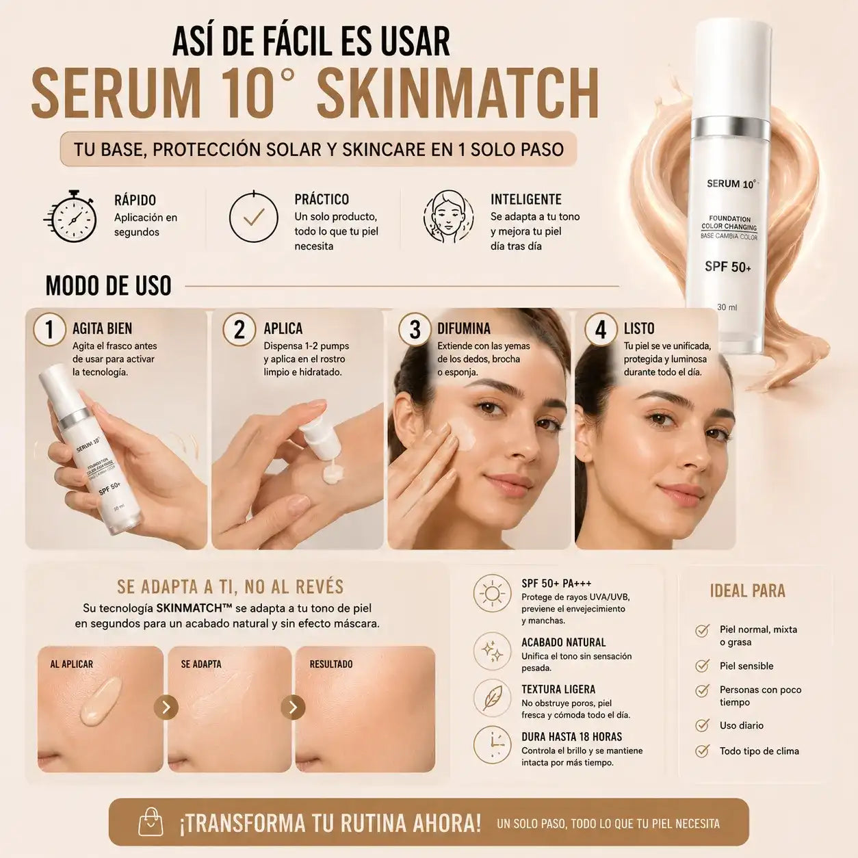 Base mágica-SERUM 10 La Base Inteligente Que Se Adapta Automáticamente A Tu Tono De Piel