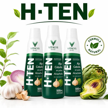 H-TEN La fórmula natural con ajo, cebolla y alcachofa que apoya tu bienestar cardiovascular, la circulación y tu rutina de cuidado diario.