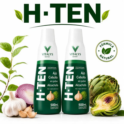 H-TEN La fórmula natural con ajo, cebolla y alcachofa que apoya tu bienestar cardiovascular, la circulación y tu rutina de cuidado diario.