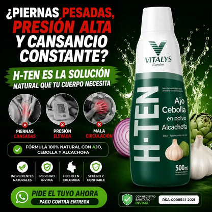 H-TEN La fórmula natural con ajo, cebolla y alcachofa que apoya tu bienestar cardiovascular, la circulación y tu rutina de cuidado diario.