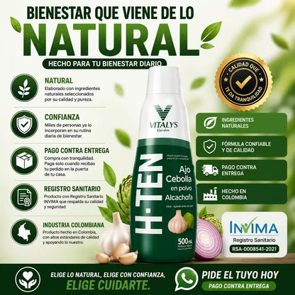 H-TEN La fórmula natural con ajo, cebolla y alcachofa que apoya tu bienestar cardiovascular, la circulación y tu rutina de cuidado diario.