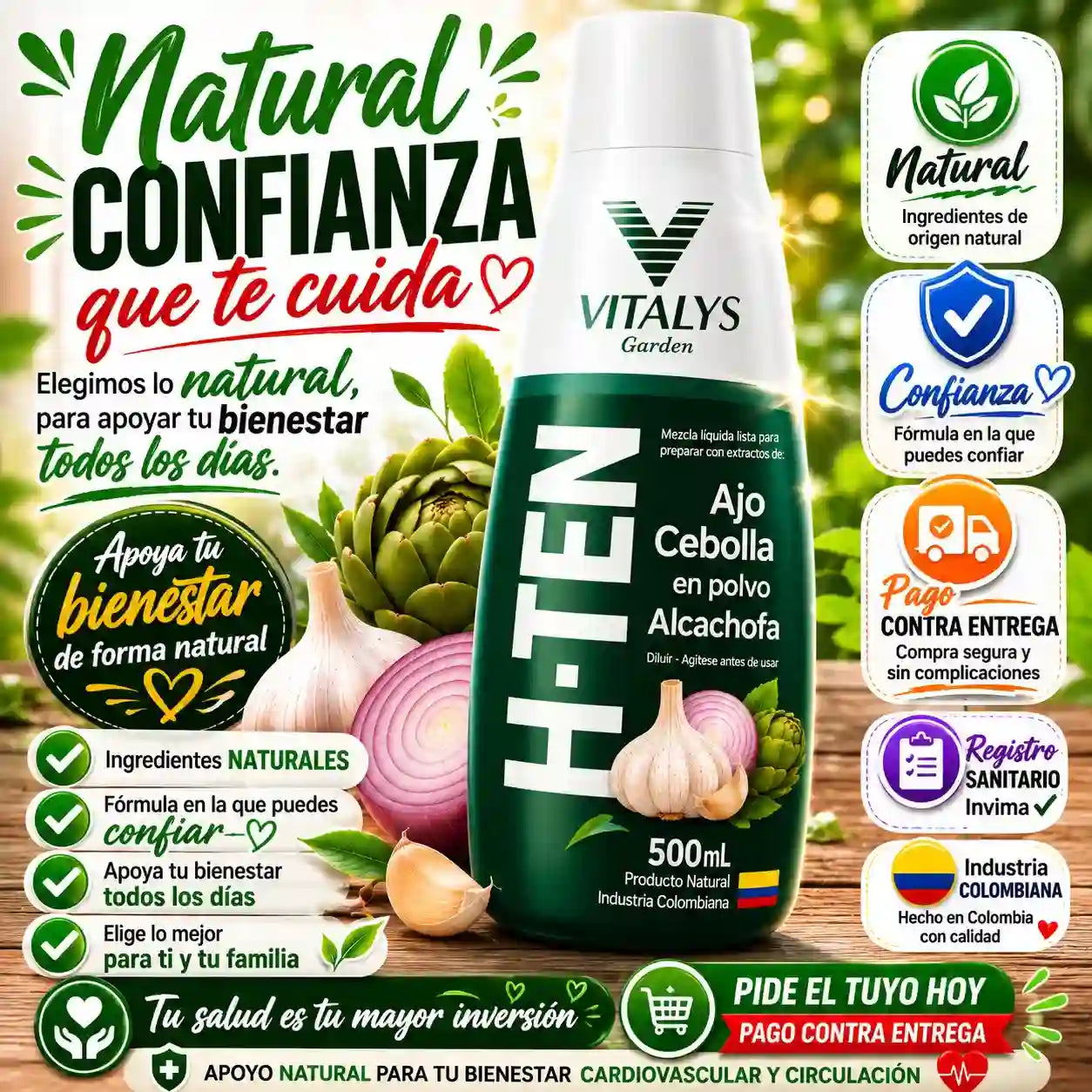 H-TEN La fórmula natural con ajo, cebolla y alcachofa que apoya tu bienestar cardiovascular, la circulación y tu rutina de cuidado diario.