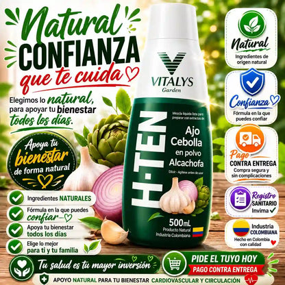 H-TEN La fórmula natural con ajo, cebolla y alcachofa que apoya tu bienestar cardiovascular, la circulación y tu rutina de cuidado diario.