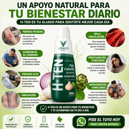 H-TEN La fórmula natural con ajo, cebolla y alcachofa que apoya tu bienestar cardiovascular, la circulación y tu rutina de cuidado diario.