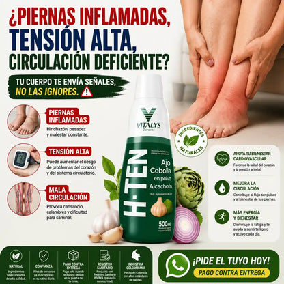 H-TEN La fórmula natural con ajo, cebolla y alcachofa que apoya tu bienestar cardiovascular, la circulación y tu rutina de cuidado diario.