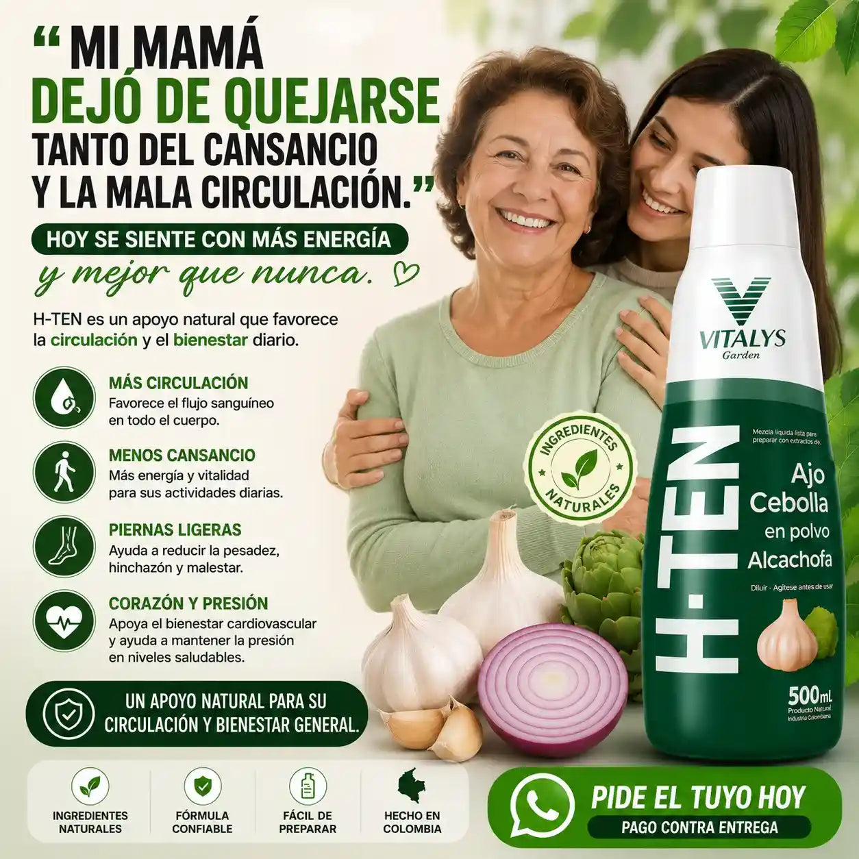 H-TEN La fórmula natural con ajo, cebolla y alcachofa que apoya tu bienestar cardiovascular, la circulación y tu rutina de cuidado diario.