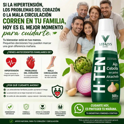 H-TEN La fórmula natural con ajo, cebolla y alcachofa que apoya tu bienestar cardiovascular, la circulación y tu rutina de cuidado diario.