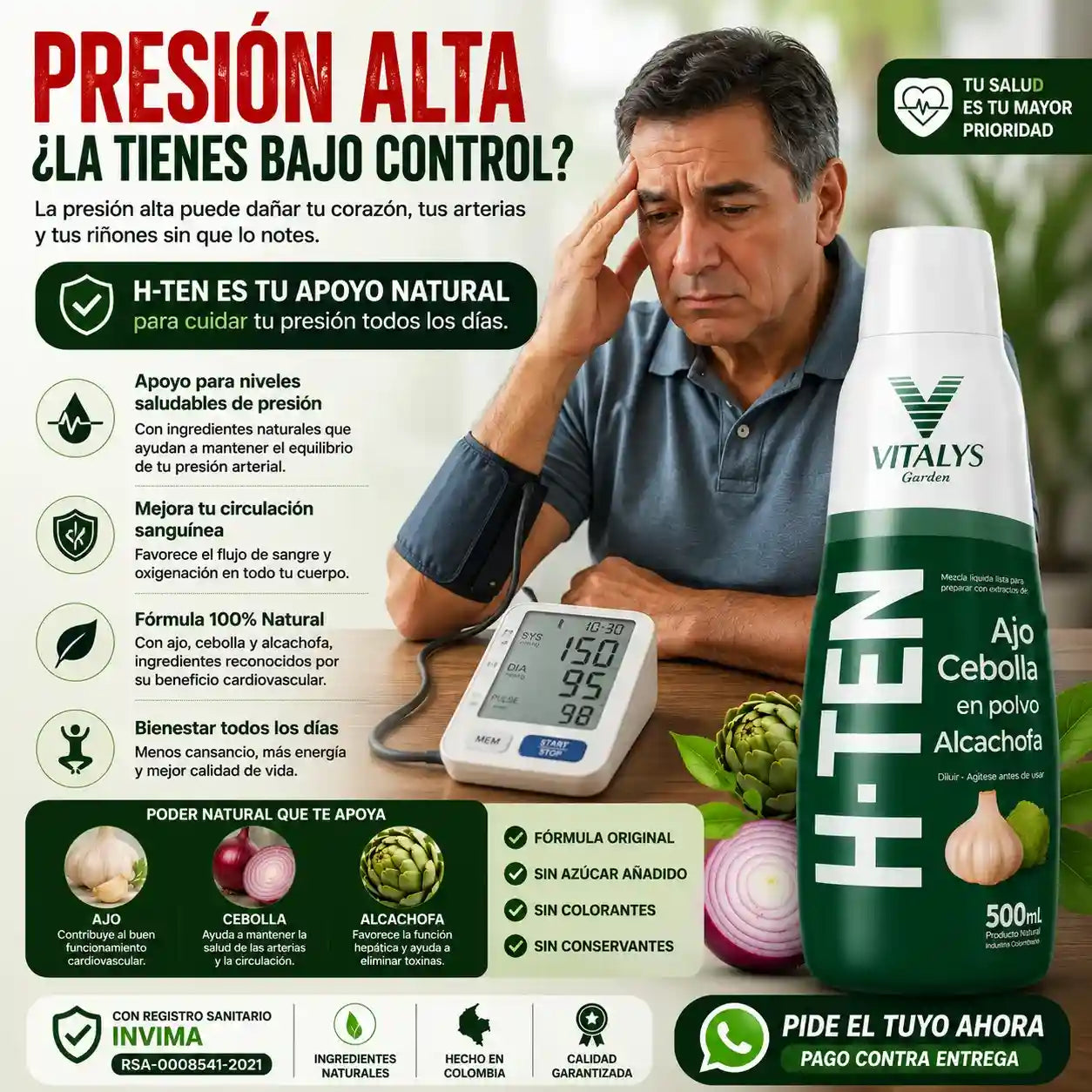 H-TEN La fórmula natural con ajo, cebolla y alcachofa que apoya tu bienestar cardiovascular, la circulación y tu rutina de cuidado diario.