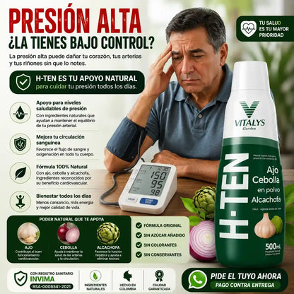 H-TEN La fórmula natural con ajo, cebolla y alcachofa que apoya tu bienestar cardiovascular, la circulación y tu rutina de cuidado diario.
