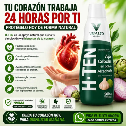 H-TEN La fórmula natural con ajo, cebolla y alcachofa que apoya tu bienestar cardiovascular, la circulación y tu rutina de cuidado diario.