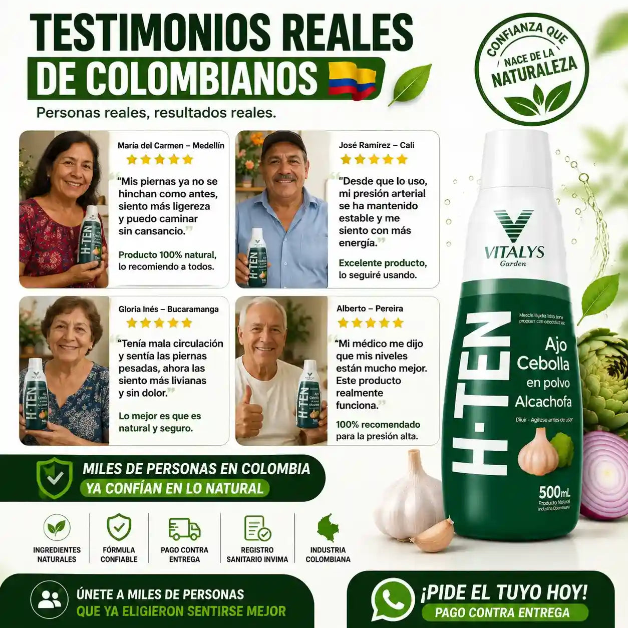 H-TEN La fórmula natural con ajo, cebolla y alcachofa que apoya tu bienestar cardiovascular, la circulación y tu rutina de cuidado diario.