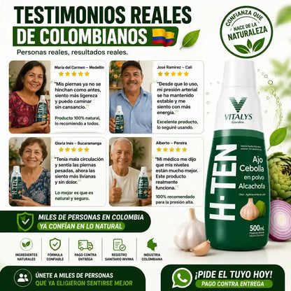 H-TEN La fórmula natural con ajo, cebolla y alcachofa que apoya tu bienestar cardiovascular, la circulación y tu rutina de cuidado diario.