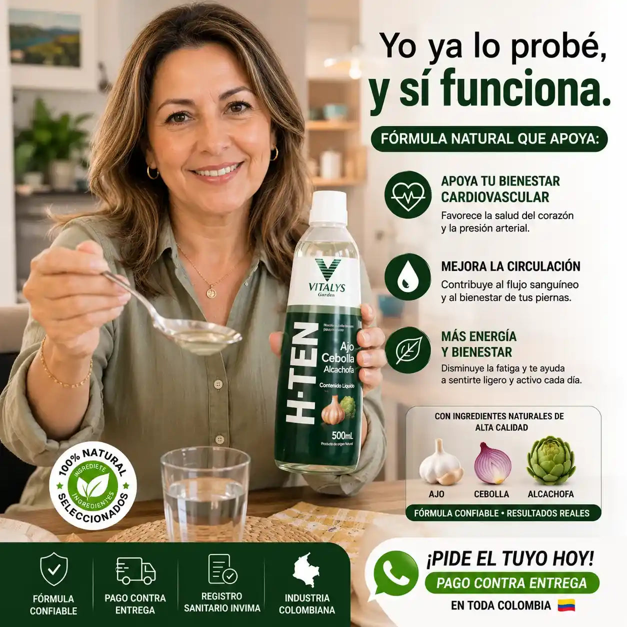 H-TEN La fórmula natural con ajo, cebolla y alcachofa que apoya tu bienestar cardiovascular, la circulación y tu rutina de cuidado diario.