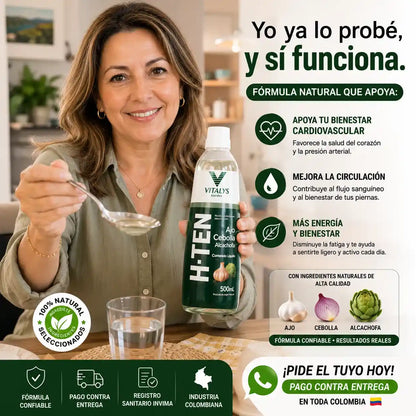 H-TEN La fórmula natural con ajo, cebolla y alcachofa que apoya tu bienestar cardiovascular, la circulación y tu rutina de cuidado diario.