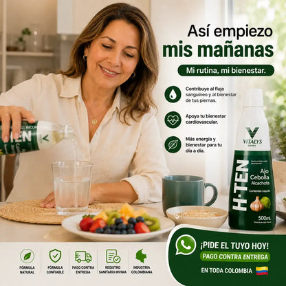 H-TEN La fórmula natural con ajo, cebolla y alcachofa que apoya tu bienestar cardiovascular, la circulación y tu rutina de cuidado diario.