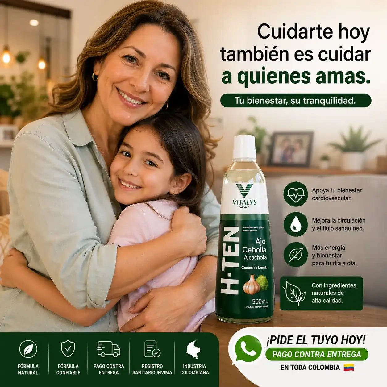 H-TEN La fórmula natural con ajo, cebolla y alcachofa que apoya tu bienestar cardiovascular, la circulación y tu rutina de cuidado diario.
