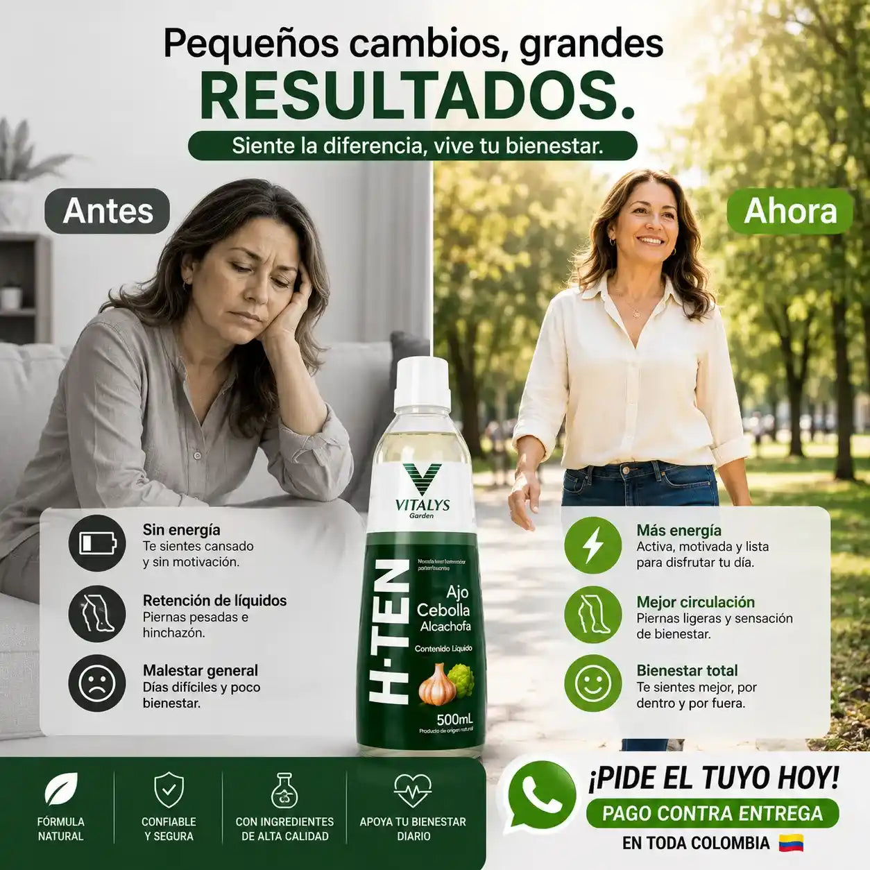 H-TEN La fórmula natural con ajo, cebolla y alcachofa que apoya tu bienestar cardiovascular, la circulación y tu rutina de cuidado diario.