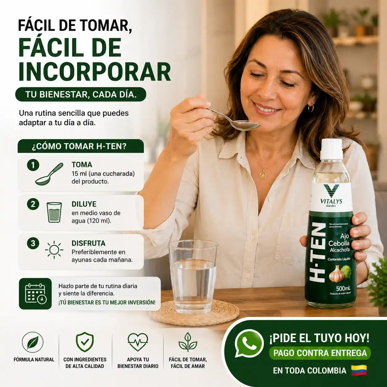 H-TEN La fórmula natural con ajo, cebolla y alcachofa que apoya tu bienestar cardiovascular, la circulación y tu rutina de cuidado diario.