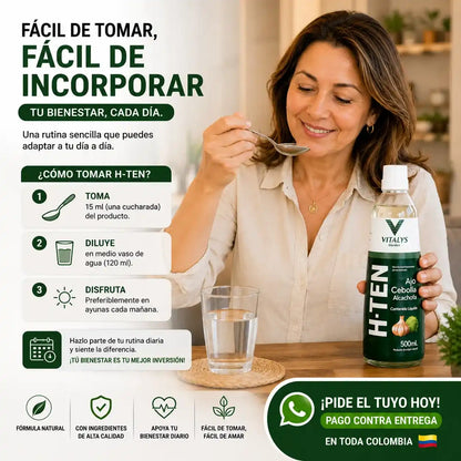 H-TEN La fórmula natural con ajo, cebolla y alcachofa que apoya tu bienestar cardiovascular, la circulación y tu rutina de cuidado diario.