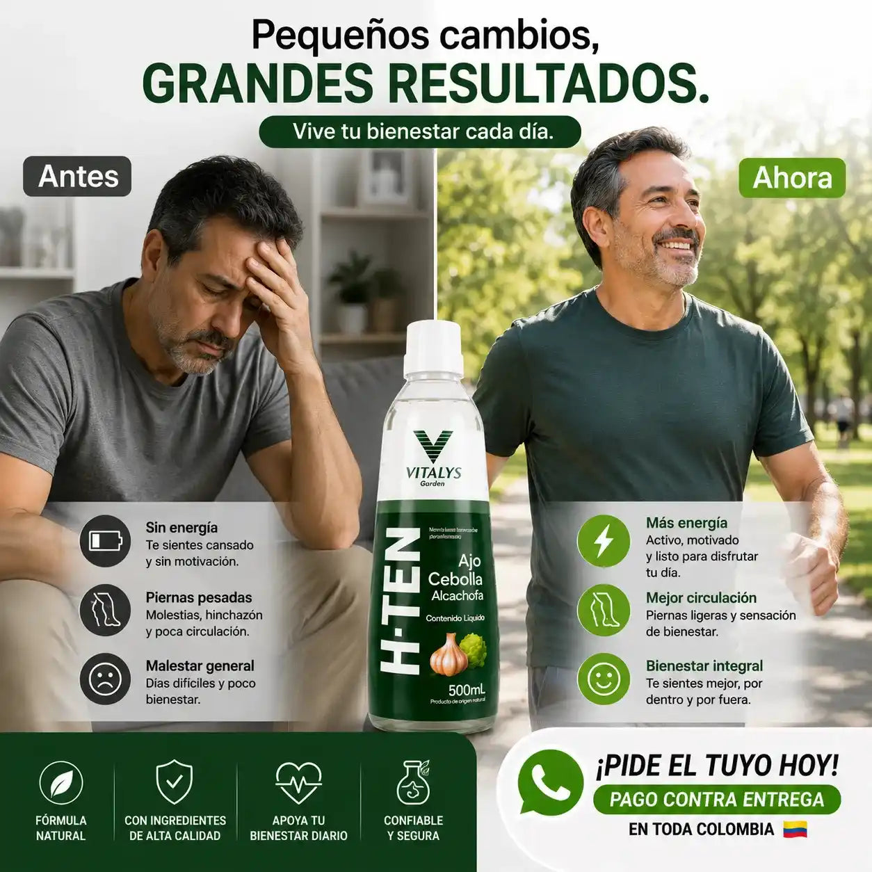 H-TEN La fórmula natural con ajo, cebolla y alcachofa que apoya tu bienestar cardiovascular, la circulación y tu rutina de cuidado diario.