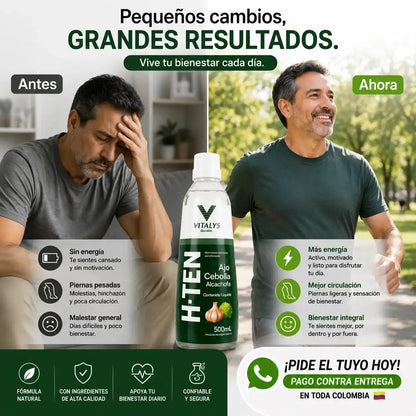 H-TEN La fórmula natural con ajo, cebolla y alcachofa que apoya tu bienestar cardiovascular, la circulación y tu rutina de cuidado diario.