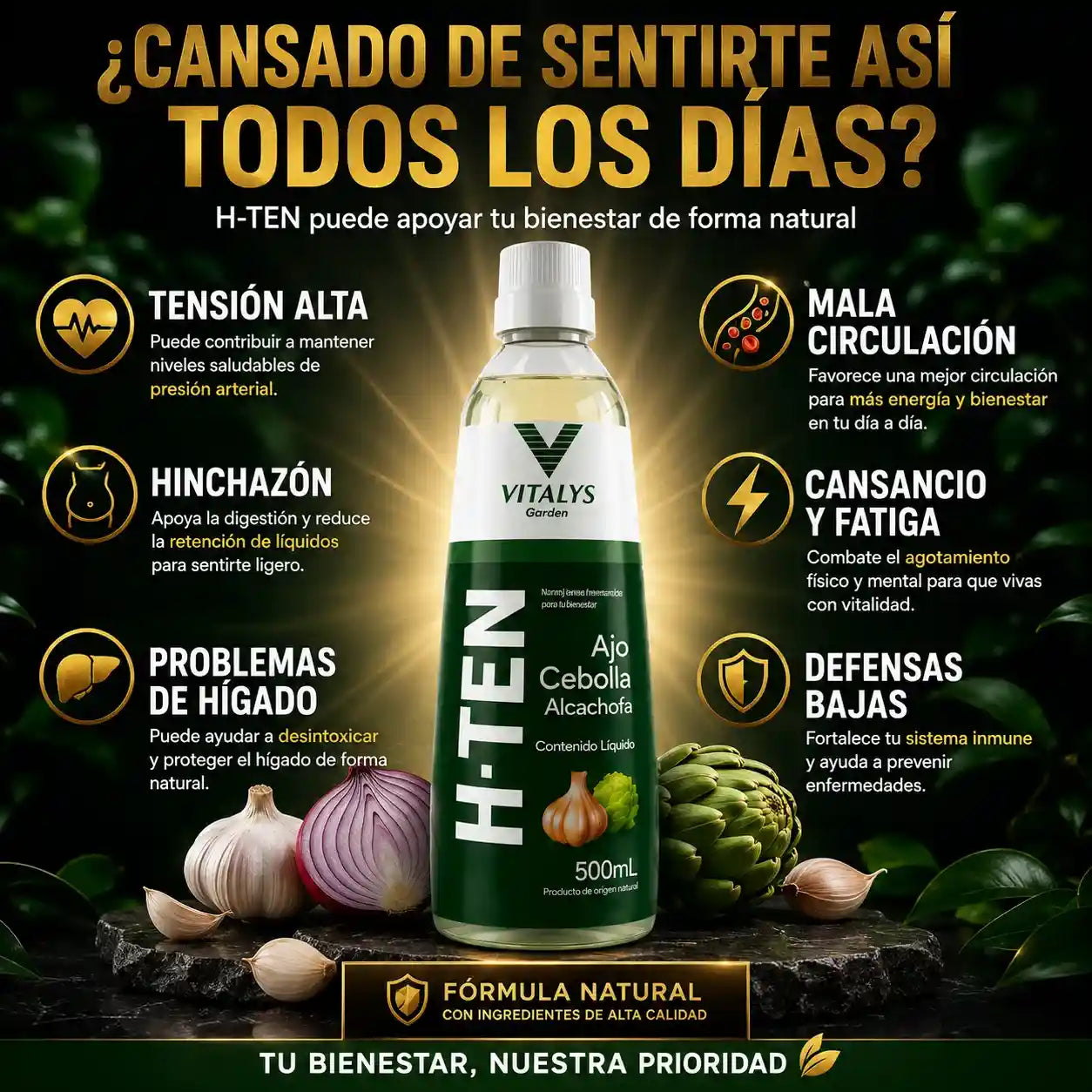 H-TEN La fórmula natural con ajo, cebolla y alcachofa que apoya tu bienestar cardiovascular, la circulación y tu rutina de cuidado diario.