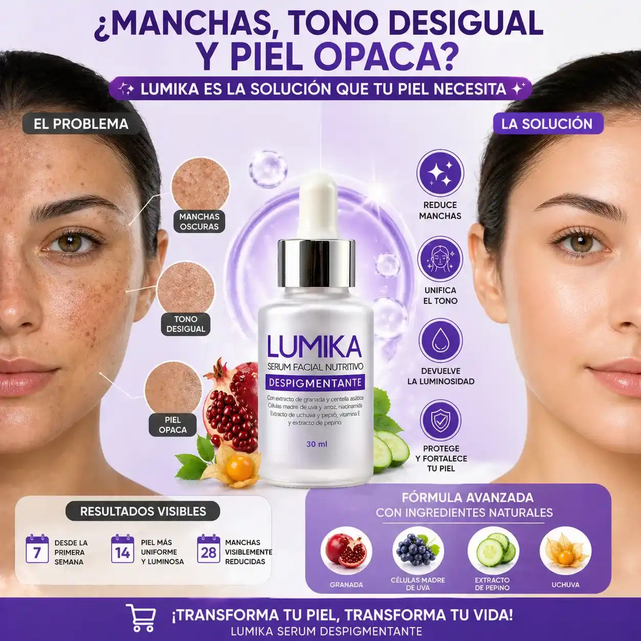 LUMIKA™ Despigmentante Facial ✨ Elimina manchas y revela una piel uniforme, luminosa y radiante desde las primeras semanas