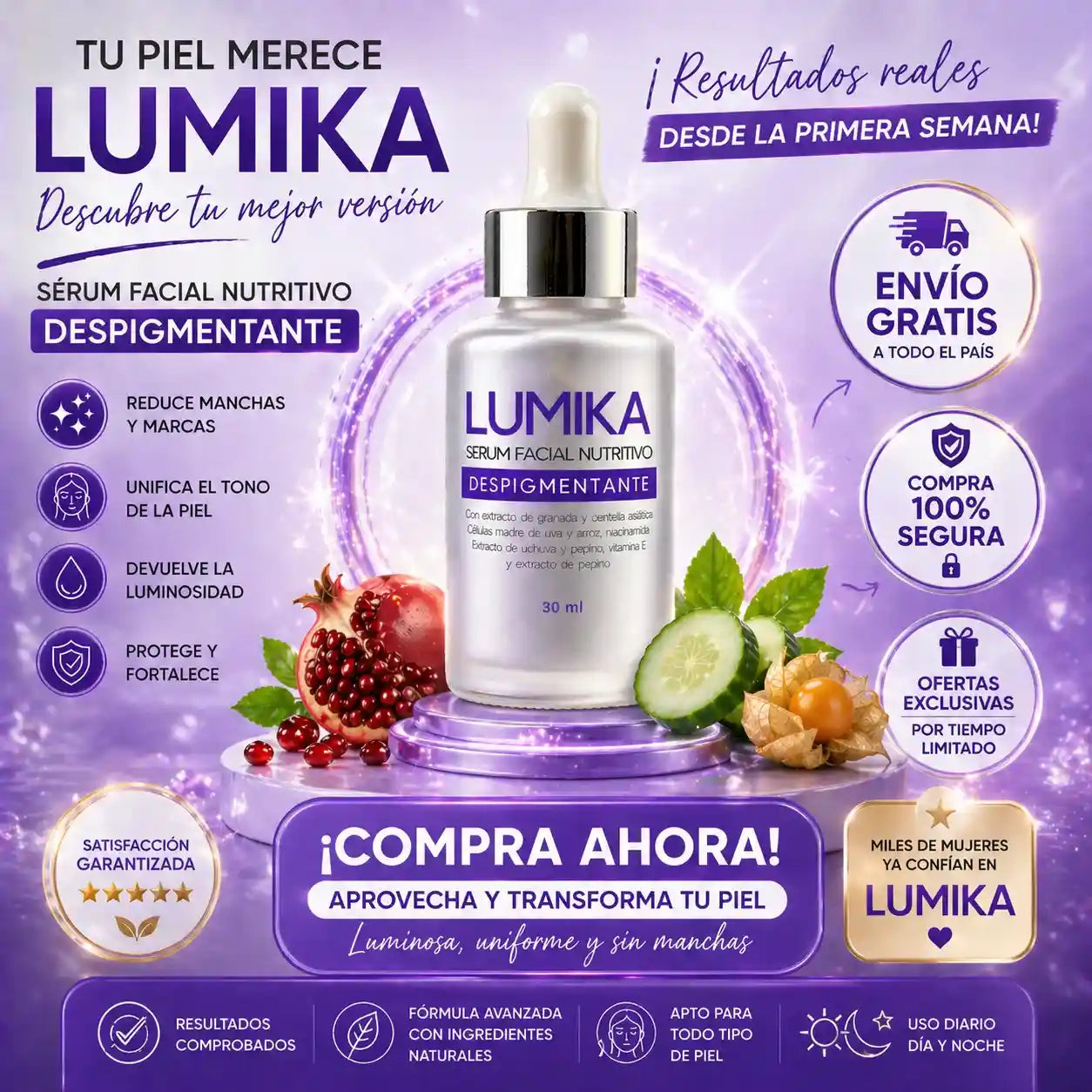 LUMIKA™ Despigmentante Facial ✨ Elimina manchas y revela una piel uniforme, luminosa y radiante desde las primeras semanas